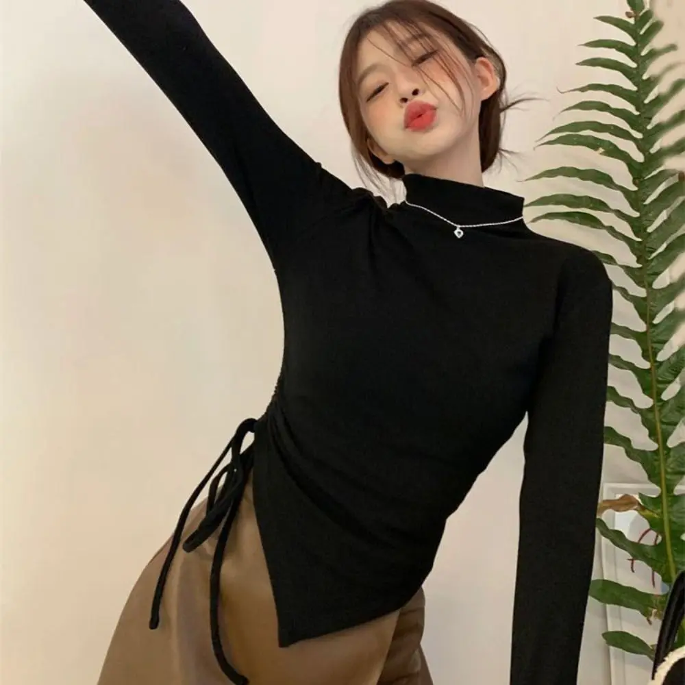 Half High Collar Long Sleeve T-shirt Irregular Undershirt Slim Drawstring Pullover Bottoming Shirt Simple Crop Top Women Y2k