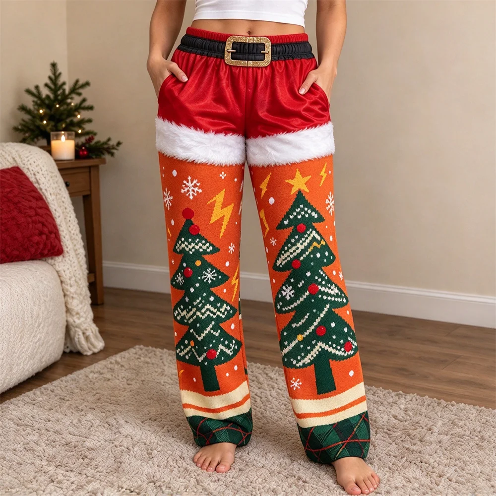 Ladies Santa Style Christmas Pants Funny Plaid Snowflake Print Elastic Long Pajama Trousers Holiday Party Home Wear Womens Pants