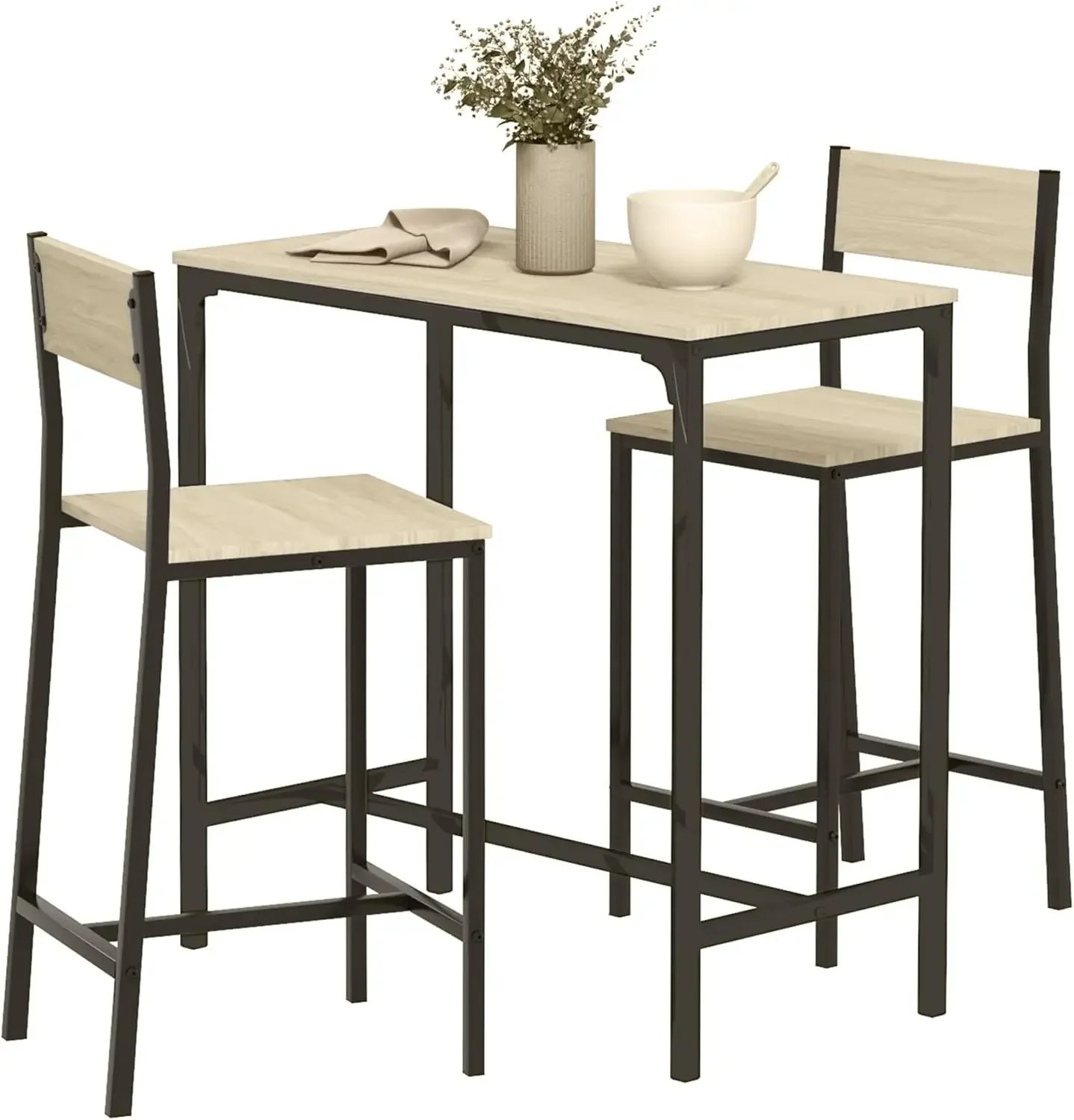 Industrial Dining Table Set for 2, Counter Height Kitchen Table with Bar Stools, Breakfast Table for 2 for Small Space