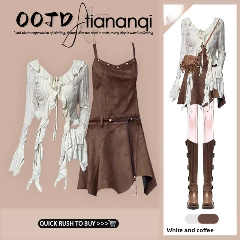 

Fall Vintage Long Sleeve Dress And Top Set Wasteland Style Two-Piece Suit Women's Fashion Ensemble Travel Friendly Universal Fit