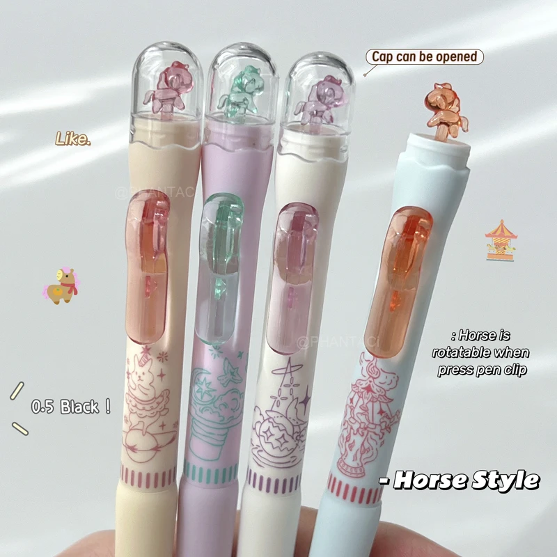 4PCS Carousel Style Gel Pen Creative Rotatable Horse Writing Pen 0.5mm Quick Dry Black Pen Soft Grip Design Office Supplies