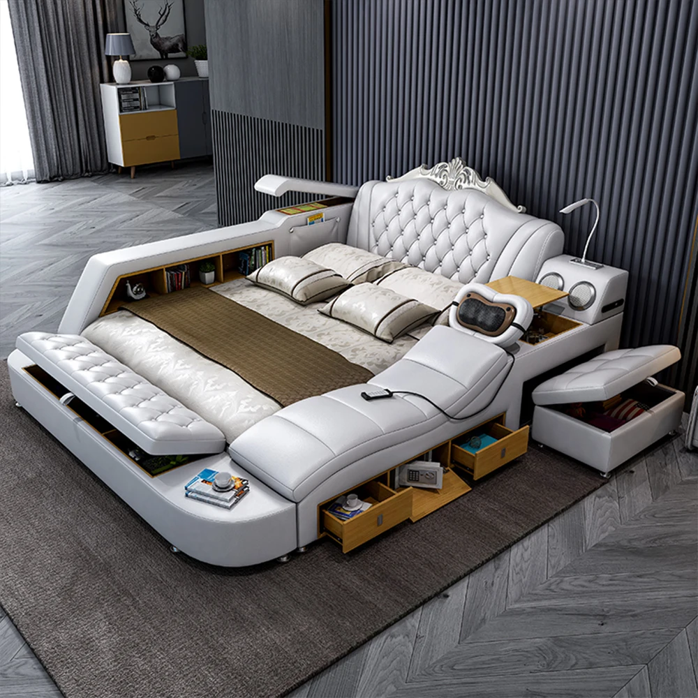 #MANBAS Ultimate Bed Frame Tech Smart Multifunctional Bed with Genuine Leather, Massage, USB, Bluetooth Speaker, Tatami & Safe