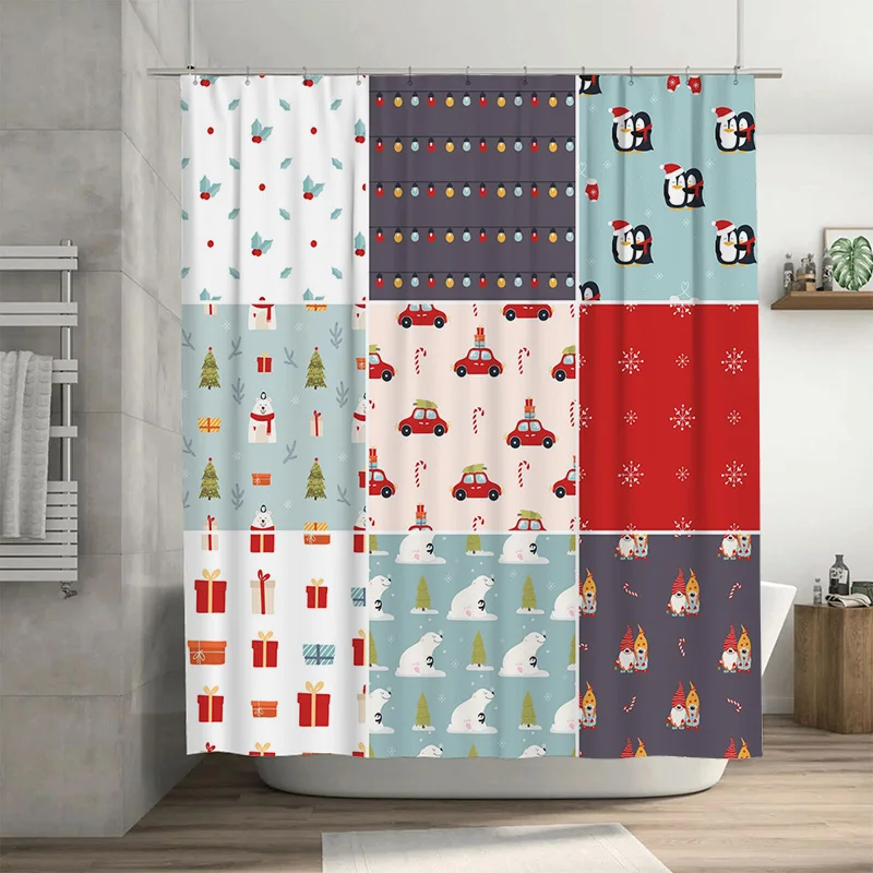 

TU Christmas Shower Curtain Festive Holiday Decor Farmhouse Bathroom Fabric Waterproof Set with Hooks