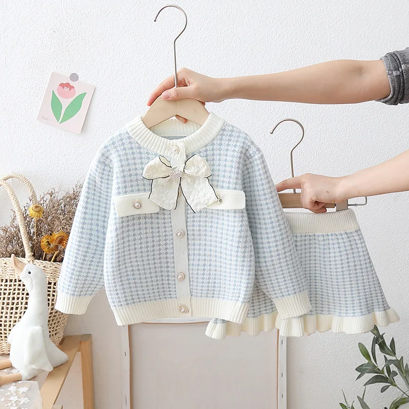 Autumn Toddler Kid Girl 2PCS Clothes Set Cotton Knotbow Pearls Button Knitted Cardigan Suits Plaid Warm Skirts Baby Girl Outfits