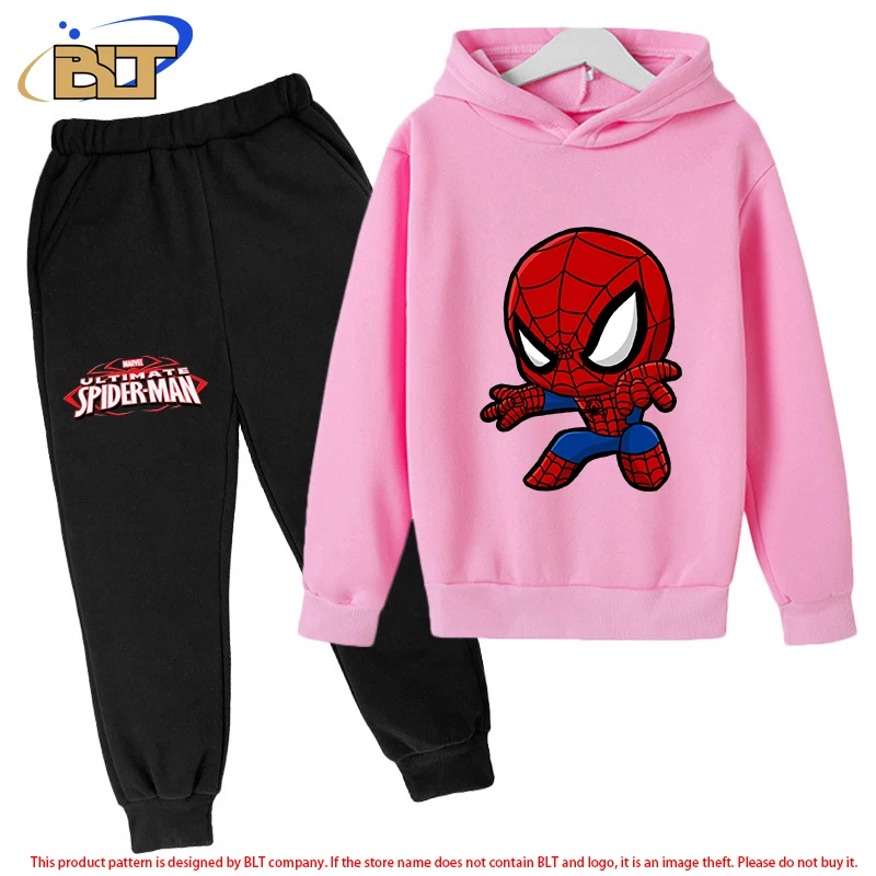 Spider-Man children's fleece hoodie suit pink sports sweatshirt pants two-piece suit for boys and girls