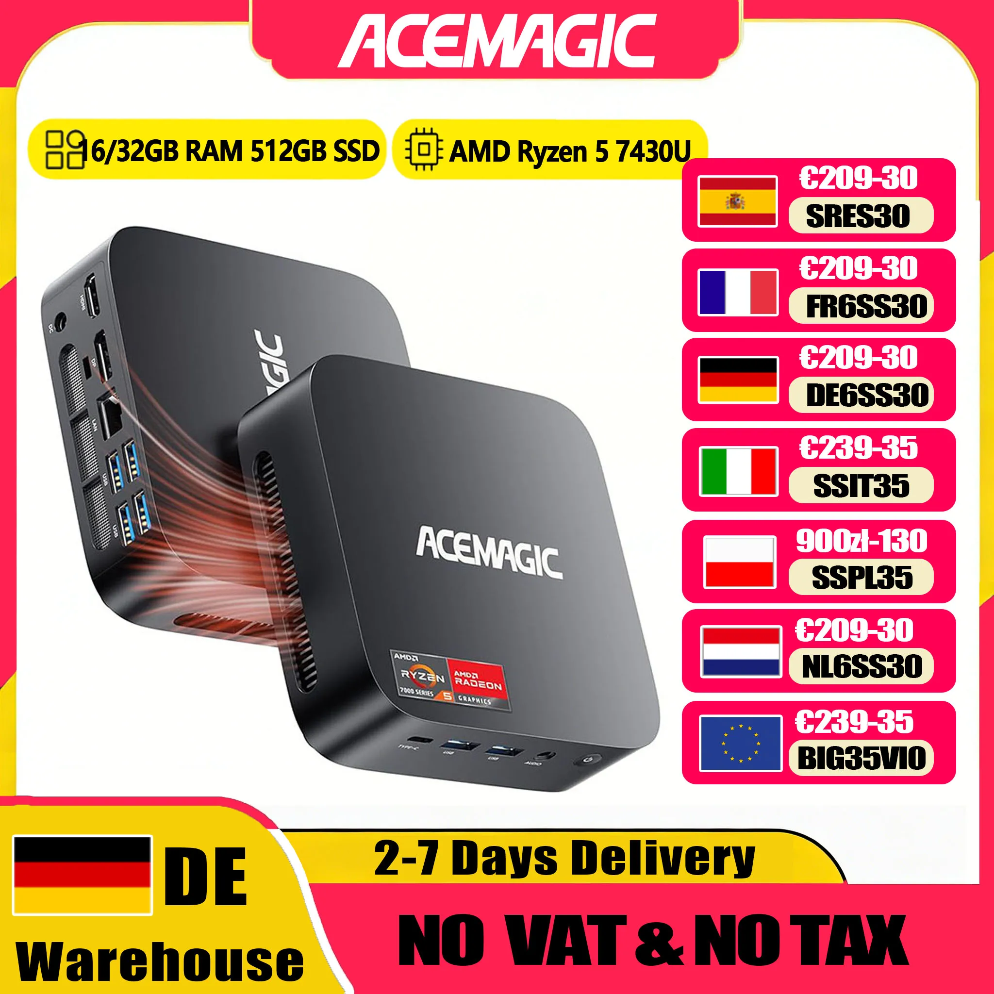 ACEMAGIC K1 MINI PC AMD Ryzen 5 7430U 16 Go de RAM 512 Go de SSD Windows 11 Pro MINI Ordinateur Wifi6 BT5.2 Triple écran 4K