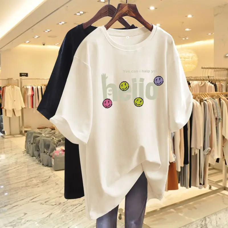 Summer Chic Letter Print Cotton Basic T-shirts Women Casual Loose O-neck Short Sleeve Top Tee Oversized Smiling Face Pullovers