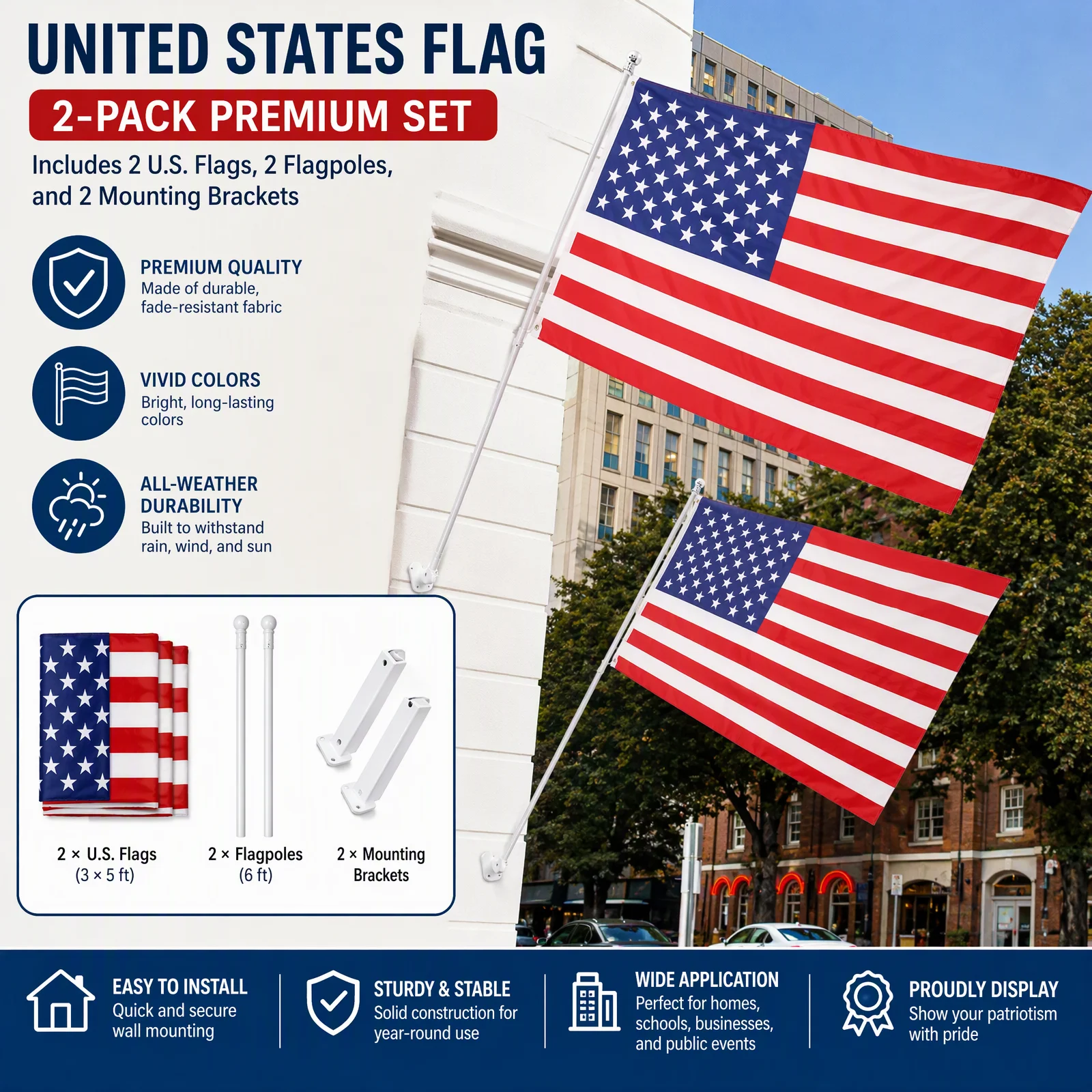 United States Flag, Flag, Garden Lawn Decor, 2PCS 6FT Kit With Pole, Bracket, 3x5ft Nylon Banner, Durable Standard Outdoor Display, Adjustable Angle