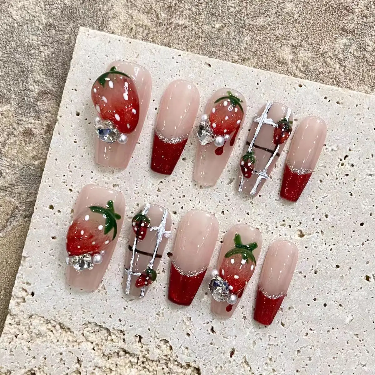 [Strawberry] 3D Hand-painted Ice Penetrating Nail Art French Pure Desire Long Nail Fake Nails Press On