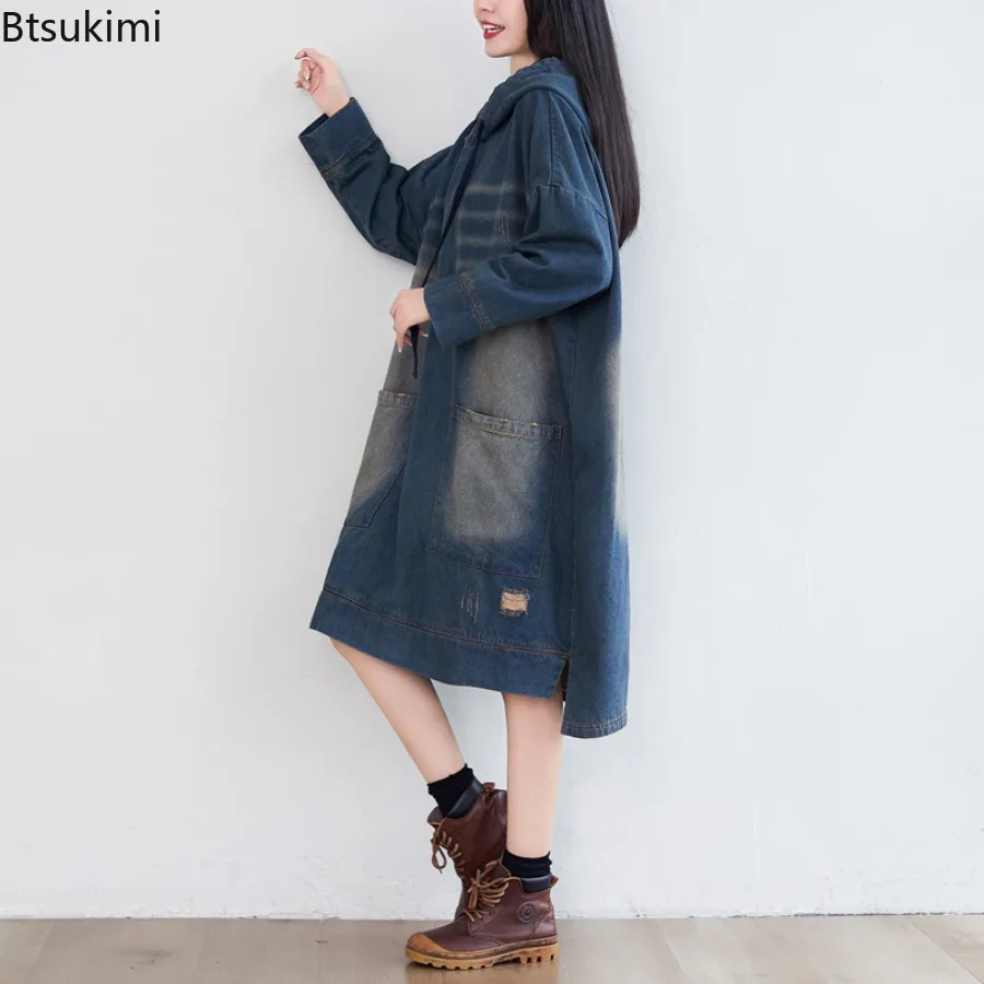 Spring Autumn New Women's Vintage Denim Hooded Long Dress Loose Casual Big Pockets Hoodies Women Sweatshirts Hip Hop Streetwear