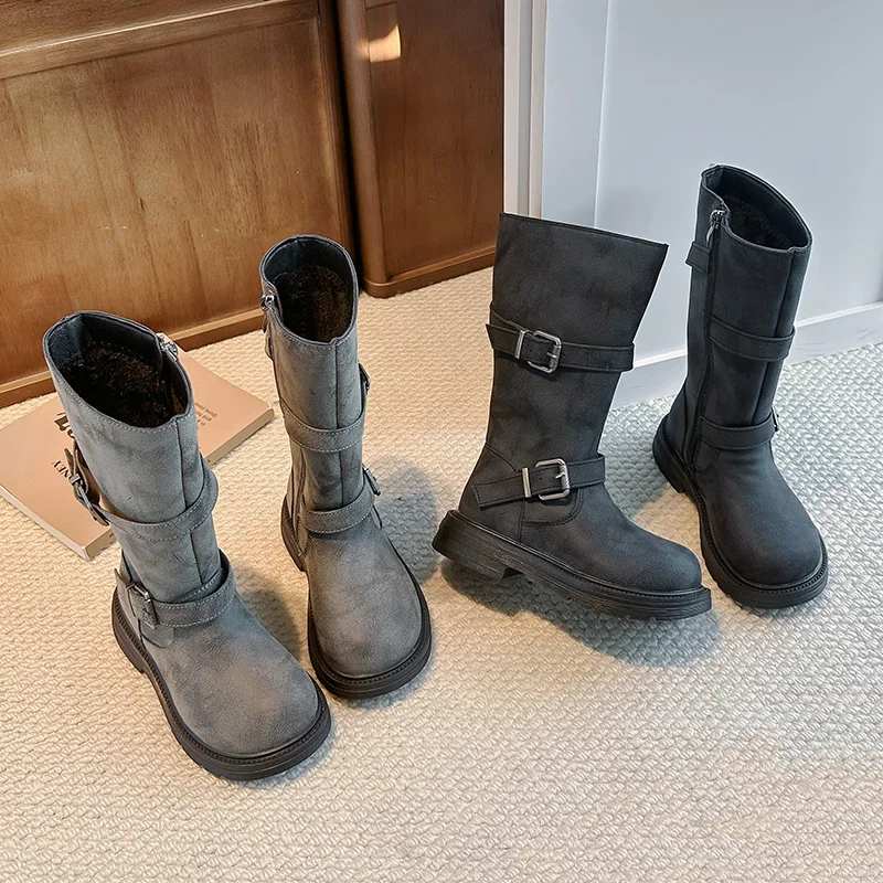 Little Girls Thick Sole Mid-calf Boots 2026 New Winter Kid Plush Lining Leather Boots with Buckle Non-slip Simple Princess Party