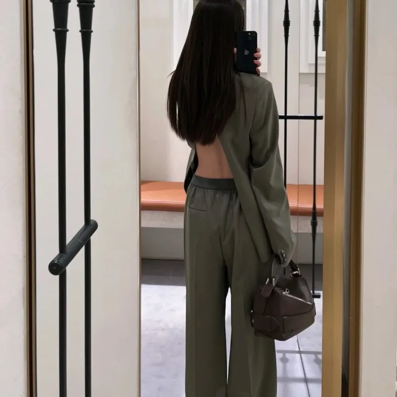 2025 ฤดูใบไม้ร่วงผู้หญิงRetroสีเขียวSlit Blazerและกางเกงเอวยางยืดชุด,high-Endเซ็กซี่แฟชั่นเสื้อและกางเกงสําหรับOffice Lady