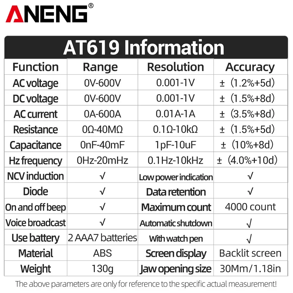 ANENG Voice Broadcast Multimeter Clamp Meter Tester AT619 Professional Capacitance 600A High Current Voltmeter Electrician Tools