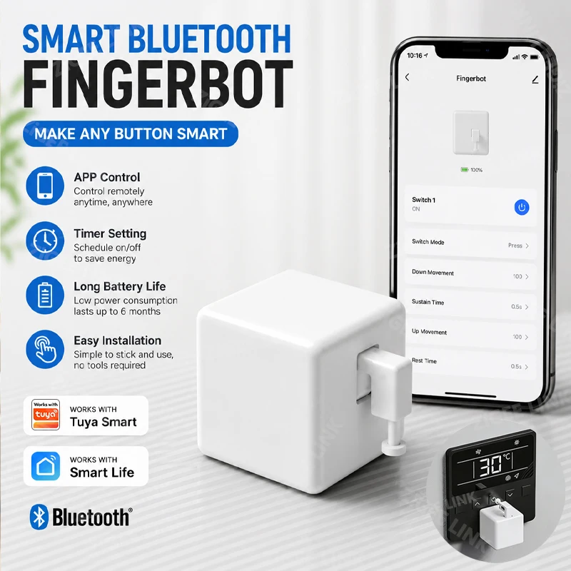 Bluetooth Fingerbot Smart Button Presser Battery Powered Timer Smart Life Remote Control Finger Robot For Light Switch Household