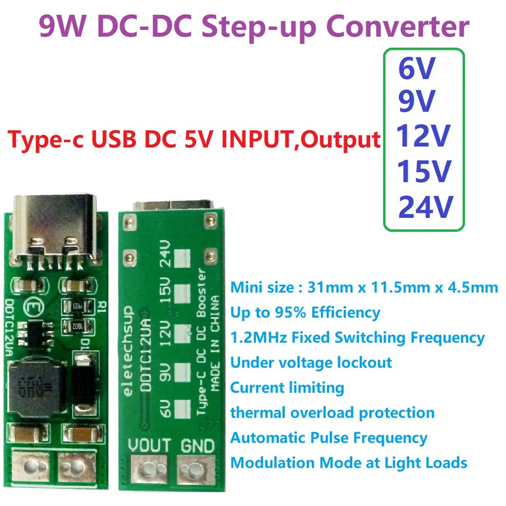 Módulo de conversión de refuerzo de CC a CC, 9W, 5V a CC 6V, 9V, 12V, 15V, 24V, PWM, PFM, regulador de voltaje tipo C