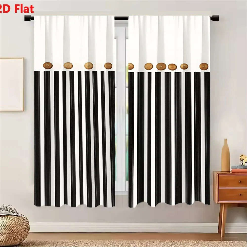 2Pcs Curtains Minimalist Graphic Design With Alternating Vertical Black And White Stripes Topped By Small Golden Brown Circular