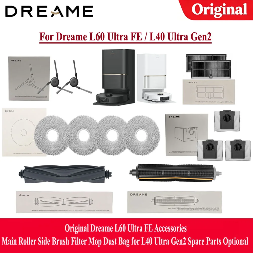 Original Dreame L60 Ultra FE Accessories Main Roller Side Brush Filter Mop Dust Bag for L40 Ultra Gen2 Spare Parts Optional