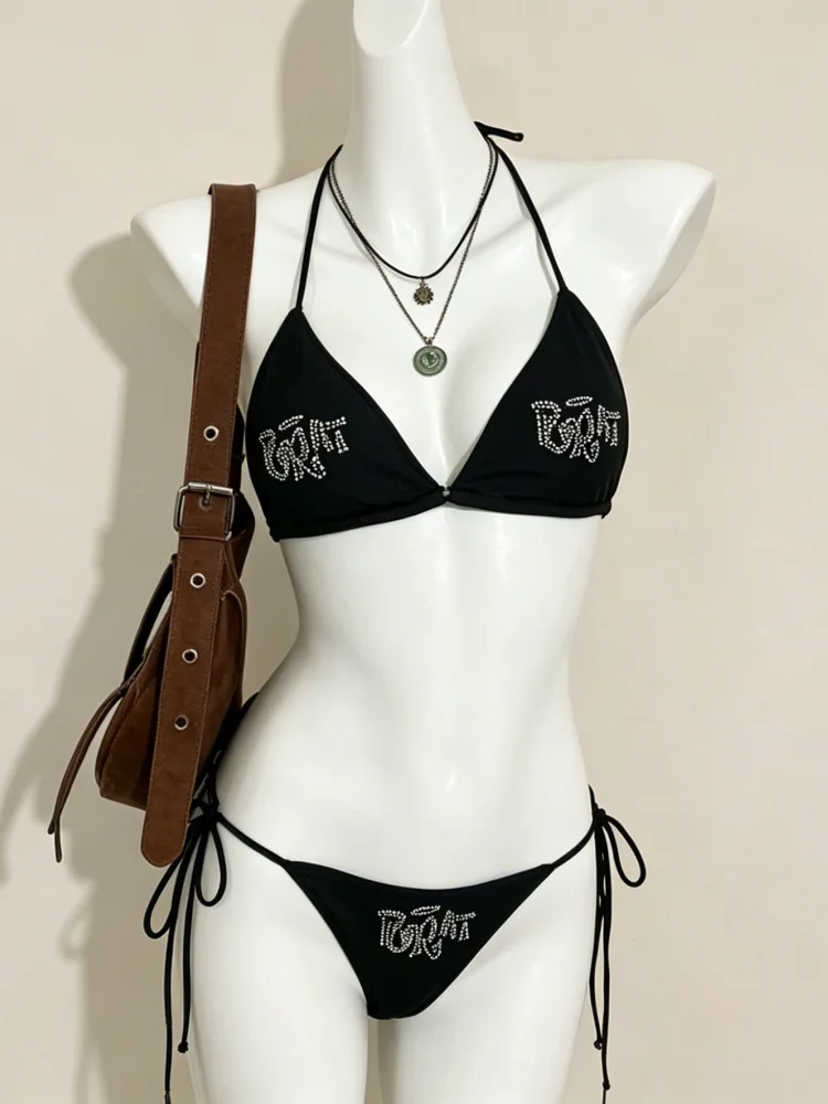 

Black Rhinestone Letter Print Triangle Bikini Set Women Halter Tie Side Swimwear