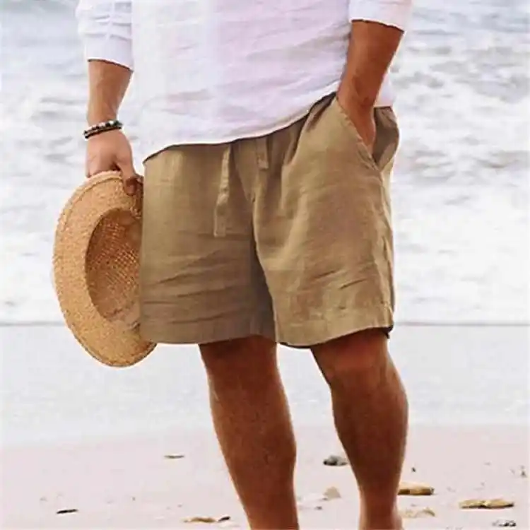 Men's Cotton Linen Shorts Summer Drawstring Elastic Waist Straight Leg Casual Pants Fashion Urban Style Green Color Thickened