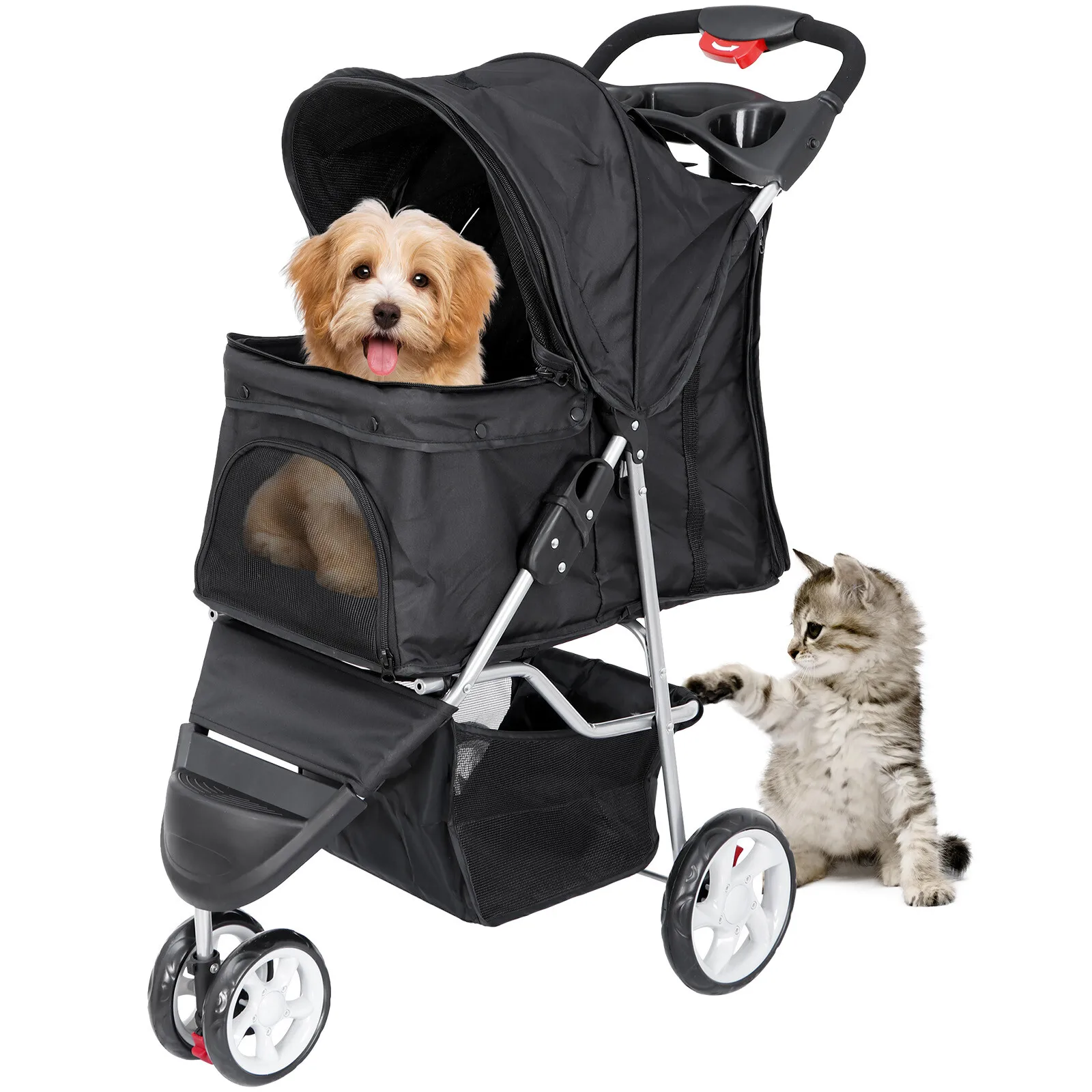 

Foldable Pet Stroller for Cats and Dogs 3 Wheel Walking Cart with Cup Holder Large Mesh Window Foldable Dog Stroller
