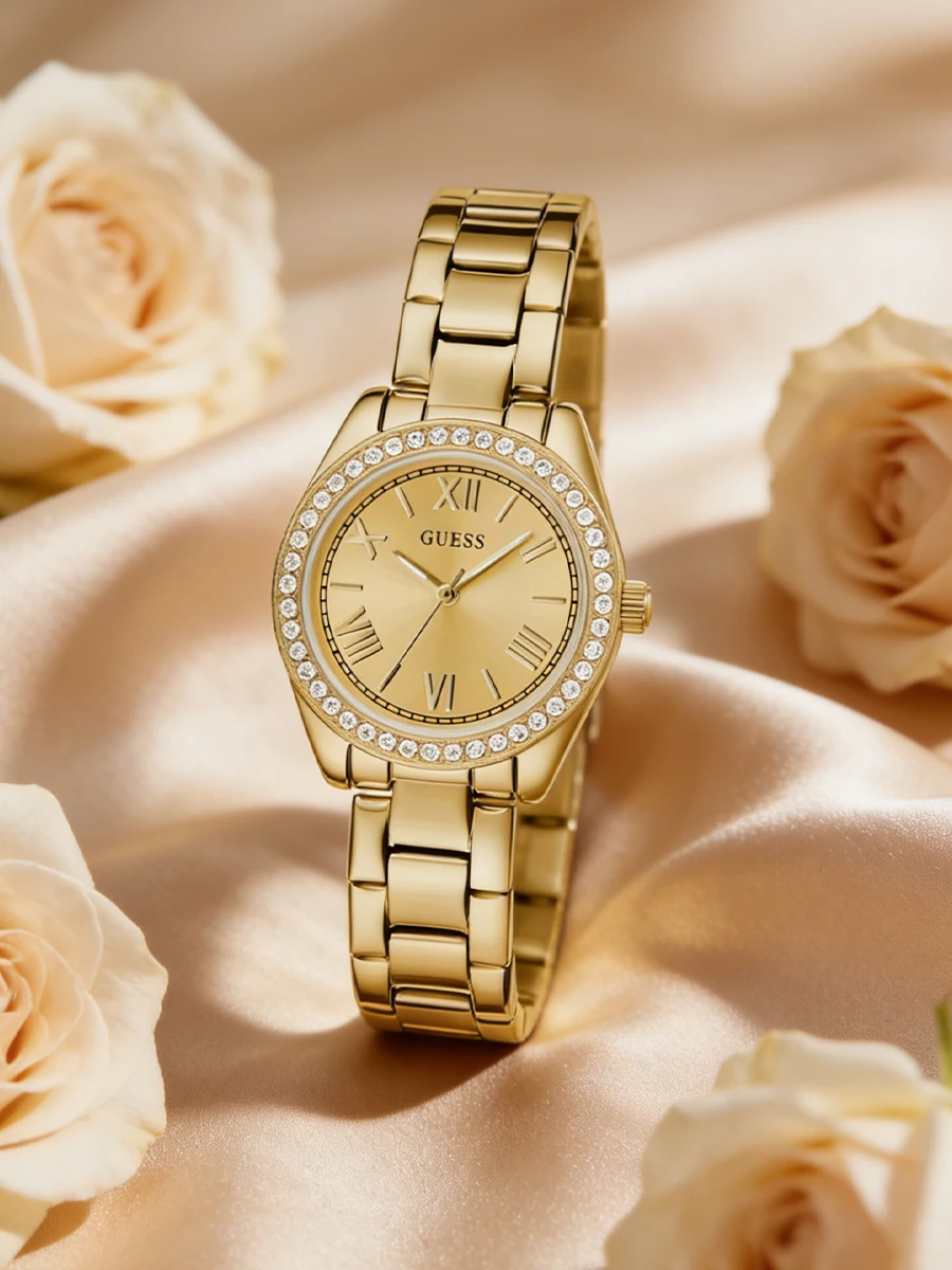 Guess Women’s Mini Luna Watch, Gold Crystal Bezel Stainless Steel Bracelet GW0841L7