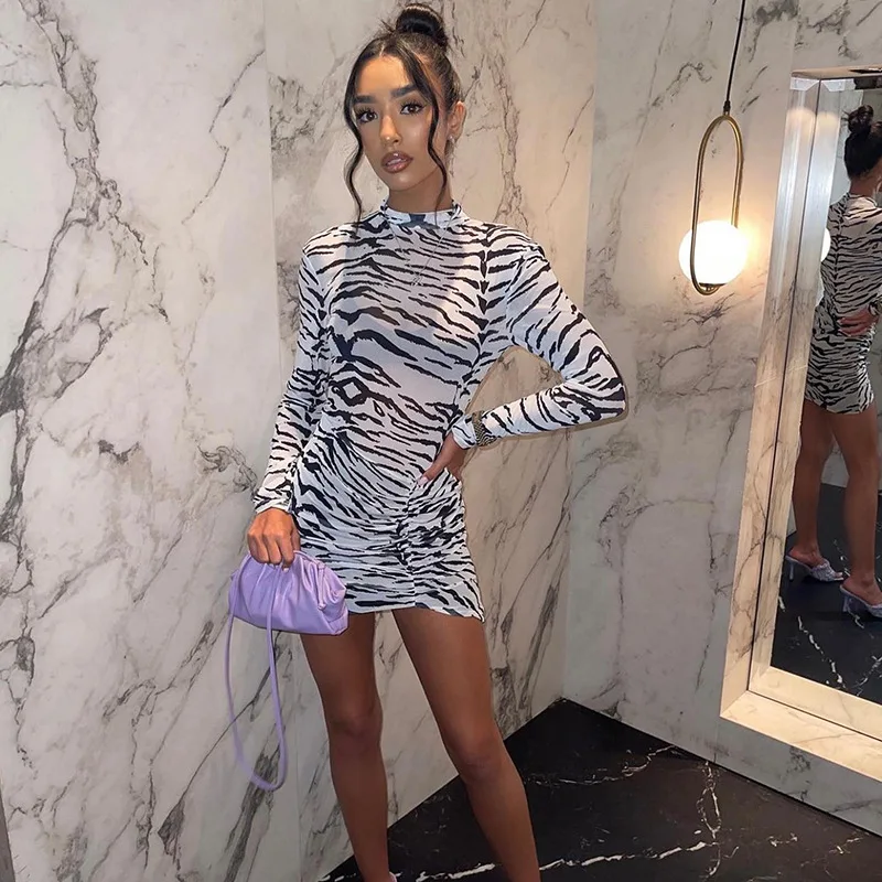 2024 Sexy Mesh Club Beach Turtleneck See Through Y2K Bodycon Dress Mini Summer Long Sleeve Party Women Zebra Print Dres