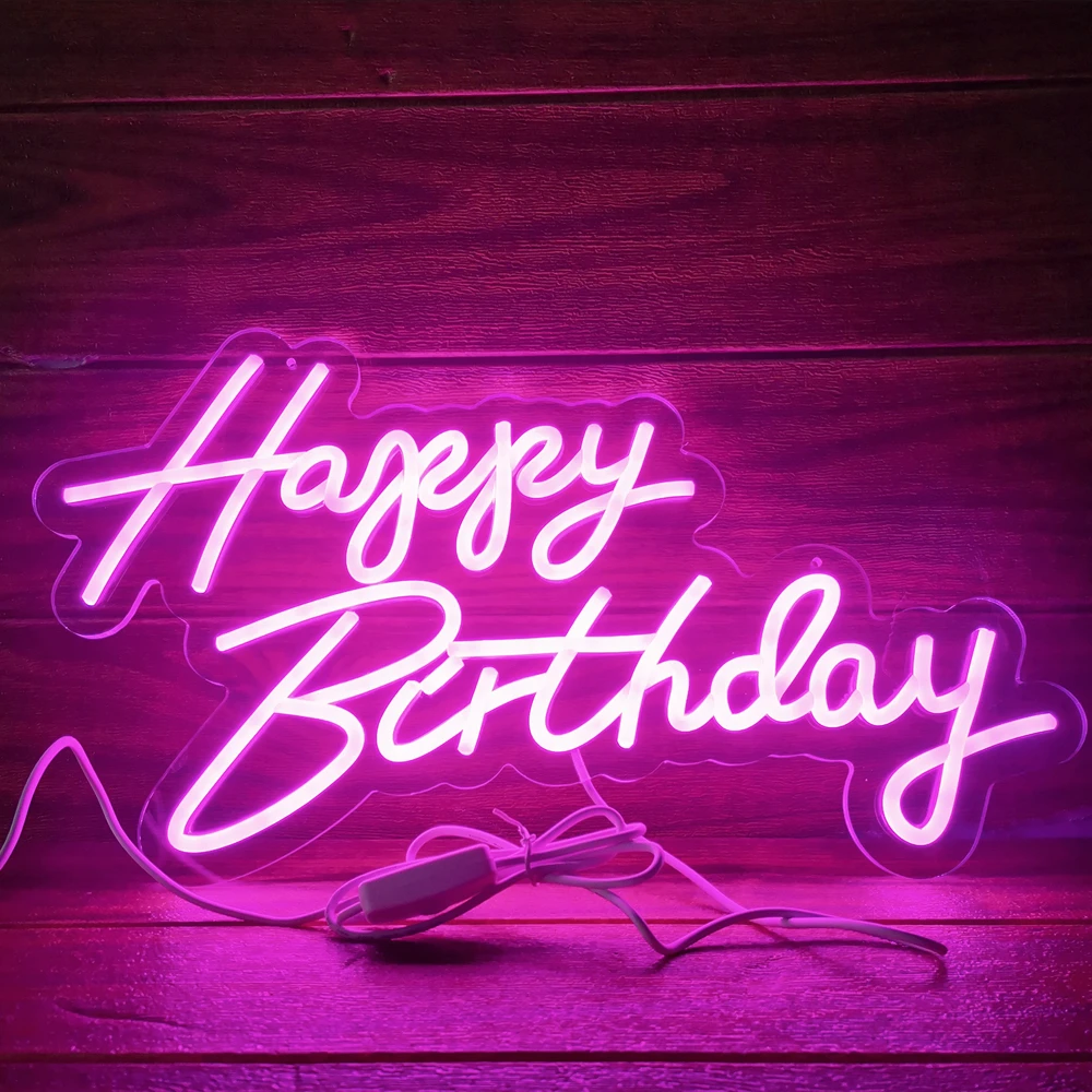 Dimmable LED 'Happy Birthday' Neon Sign in Multiple Sizes 42cm/51cm/76cm with Clear Acrylic Backer - Wall Party Light for Celebr