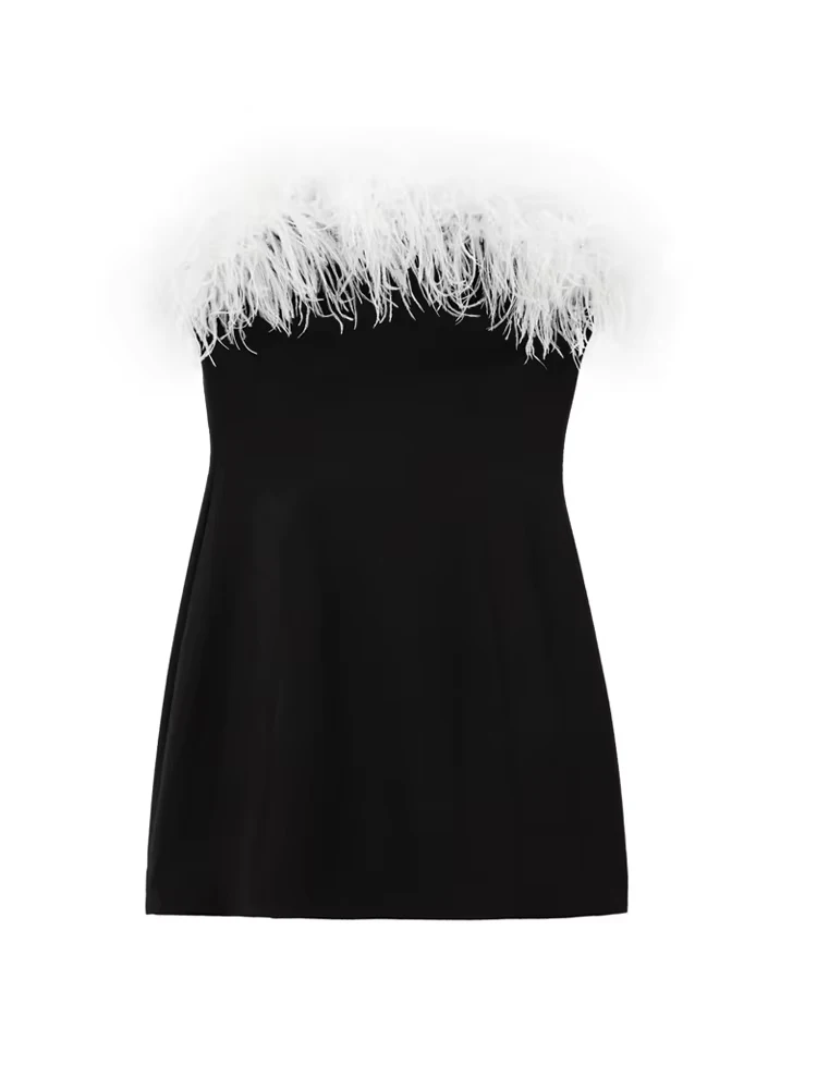 TRZA-Strapless Mini Dress with Feathers for Women, Straight Neck, Off-the-Shoulder, Side Zipper, Female Dresses, Sexy Fashion