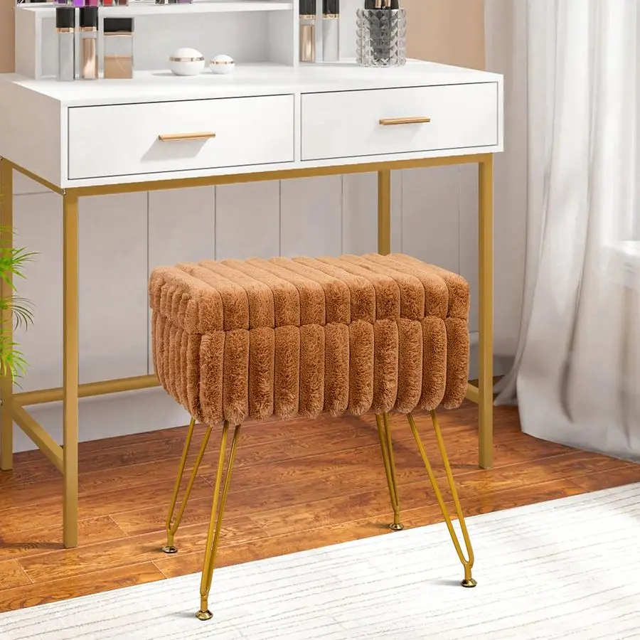 

Пуфик-табурет с меховой обивкой и отсеком для хранения, кресло для туалетного столика, табурет для спальни, подставка для ног с металлическими ножками