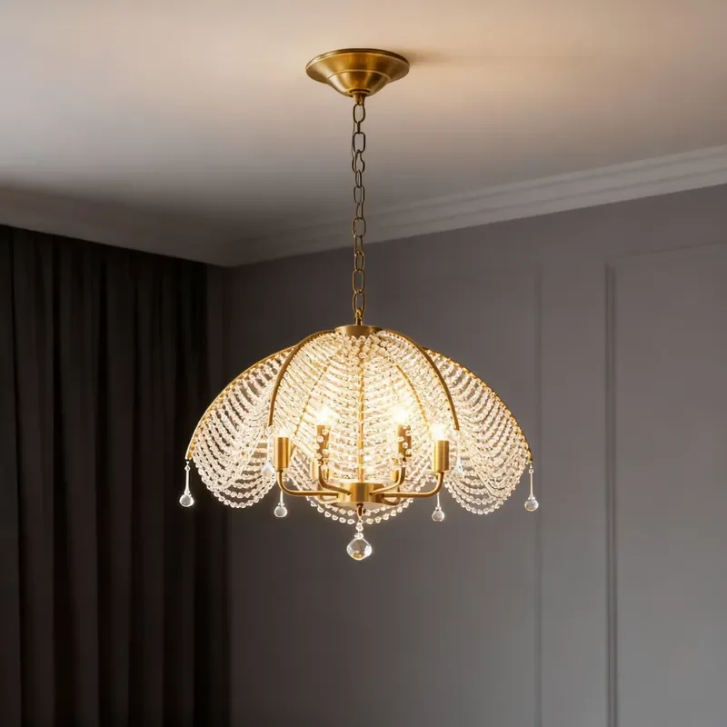 All Copper Crystal LED Chandelier Dimmable 10 Year Warranty Adjustable Height Medium Luxury for Living Room Bedroom Dining