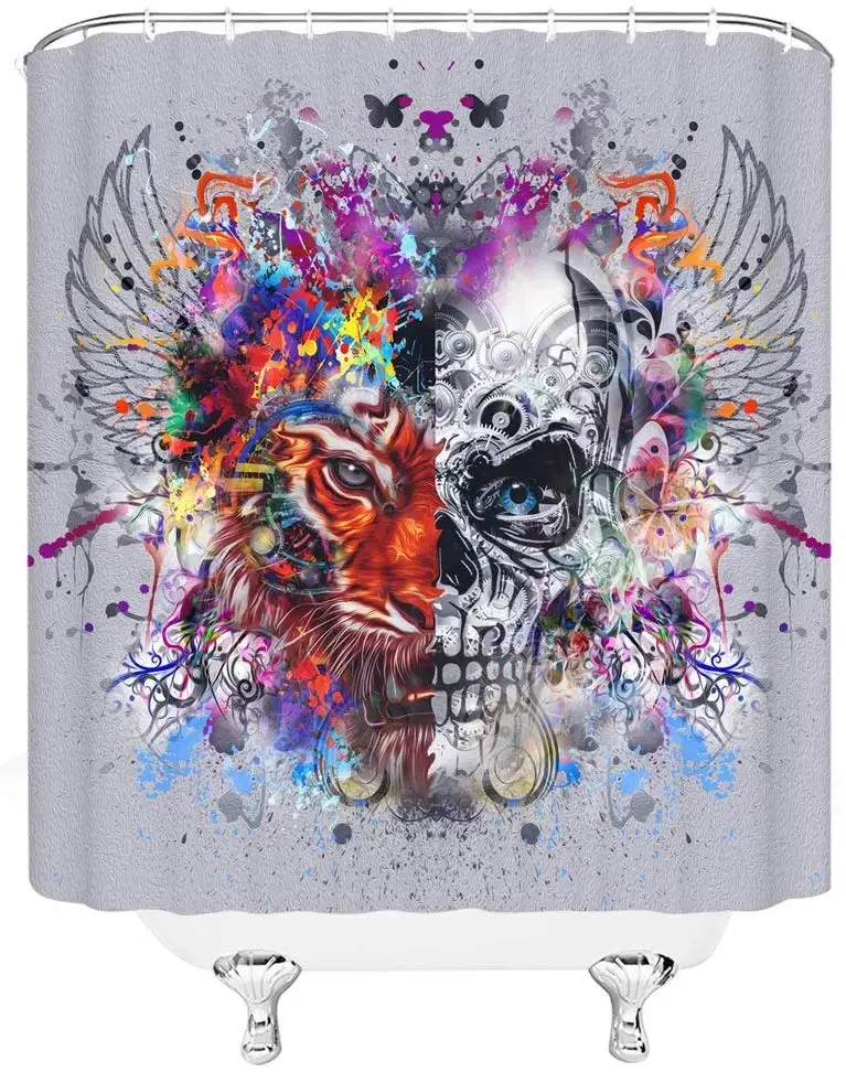 Creative Sugar Skull Feather Wing Colorful Art Halloween Day of Dead Bath Curtain