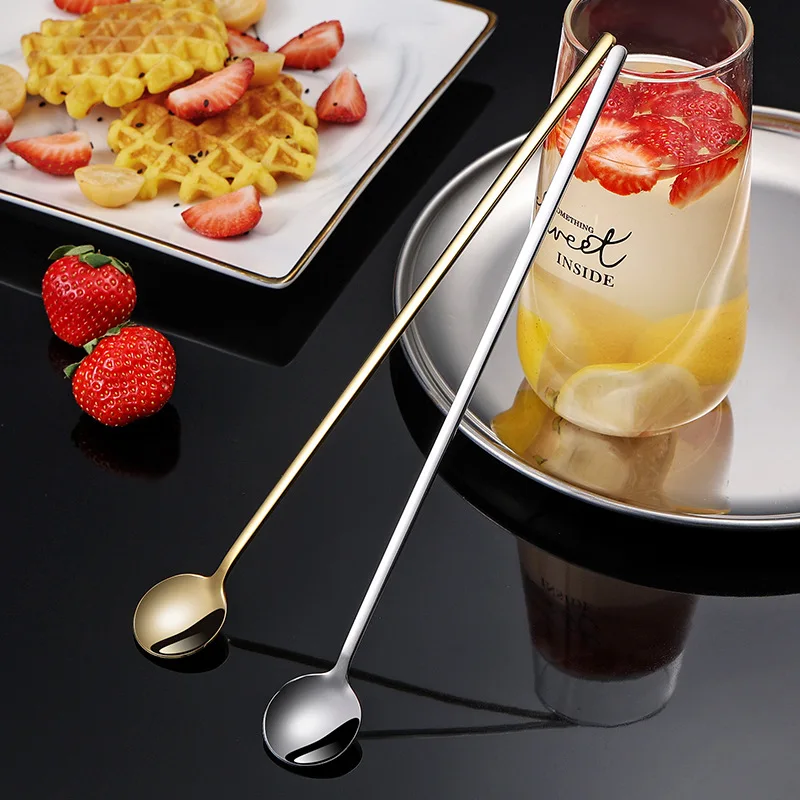 Long Handle Stainless Steel 304 Dessert Stirring Spoon Extended Color Gold Small round Ice Cream Tea Milk Shake Mixing Spoon