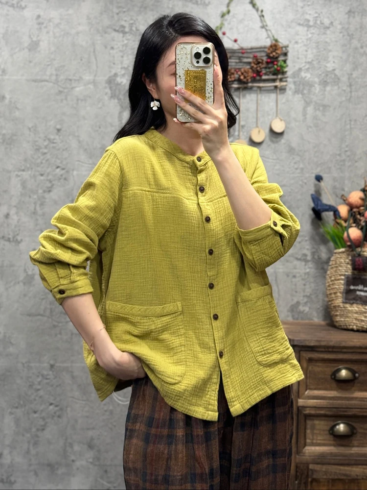Amax LuluE Korean Design Autumn Tops Womens Fashion Casual Cotton Linen Shirts 2025 Ladies Classic Loose Vintage Solid Blouses