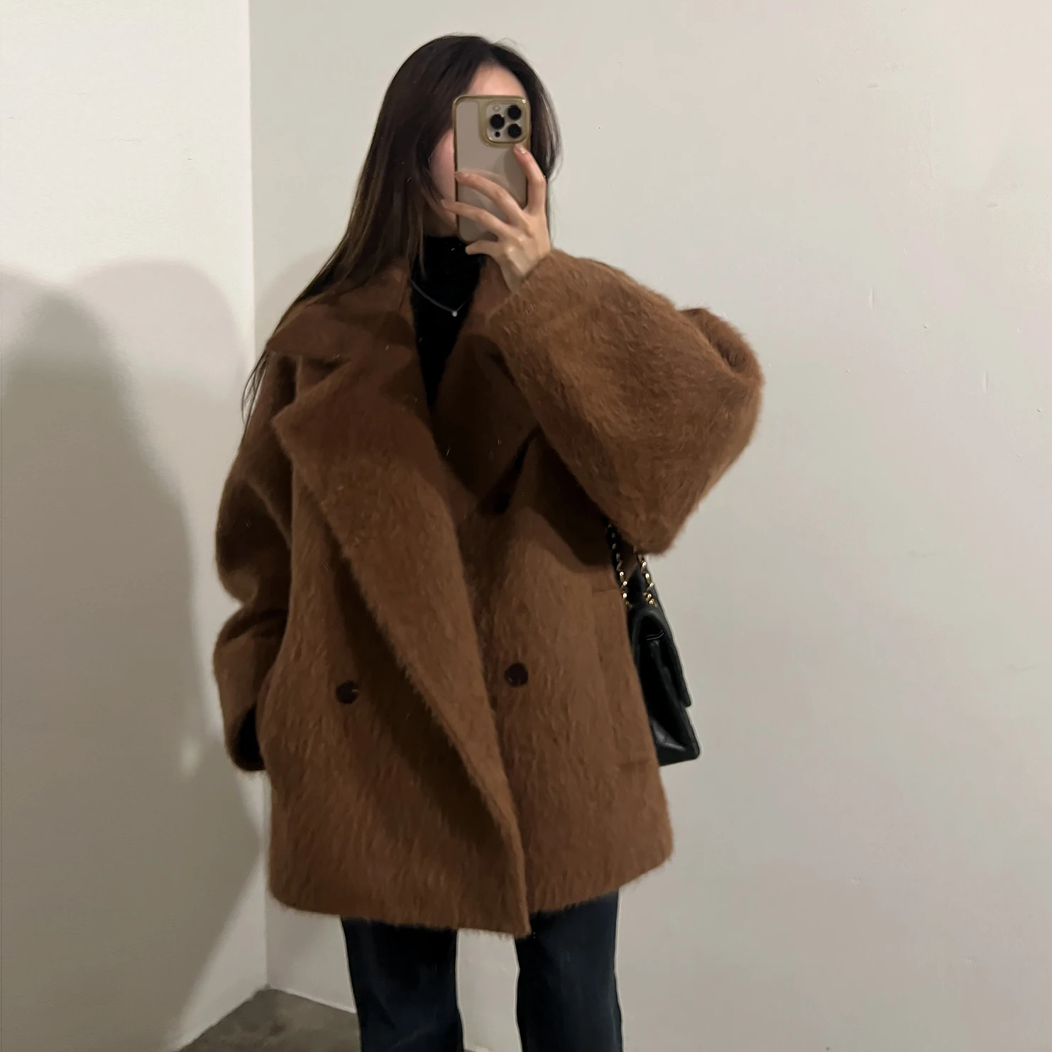 

Women's Woolen Coat Autumn Winter Thiened Double-breasted Lapel Loose Faionable Briti Sle Commute Sle Long Sve