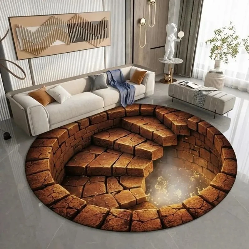 Round 3D Broken Stone Pit Visual Area Rug, Cracked Brick Hole Misty Glow Effect Print Indoor Decor Floor Rug