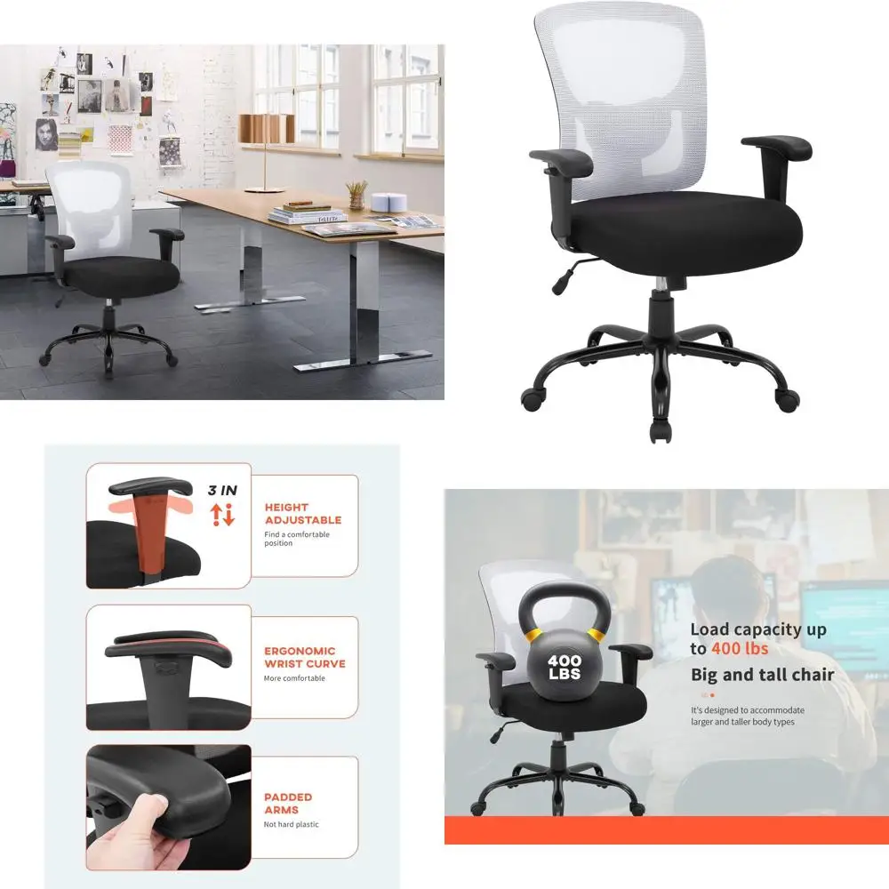 

Ergonomic High-Back Mesh Office Chair with Lumbar Support, Wide Seat, Adjustable Arms, Swivel, for 400lbs, White