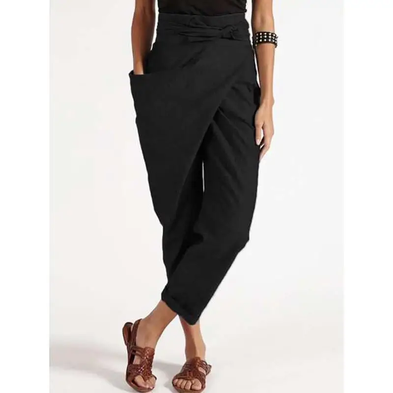 Cintura baixa reflexiva coreano sle calças casuais femininas colheita queimado irregular rendas design tecido de mistura de algodão