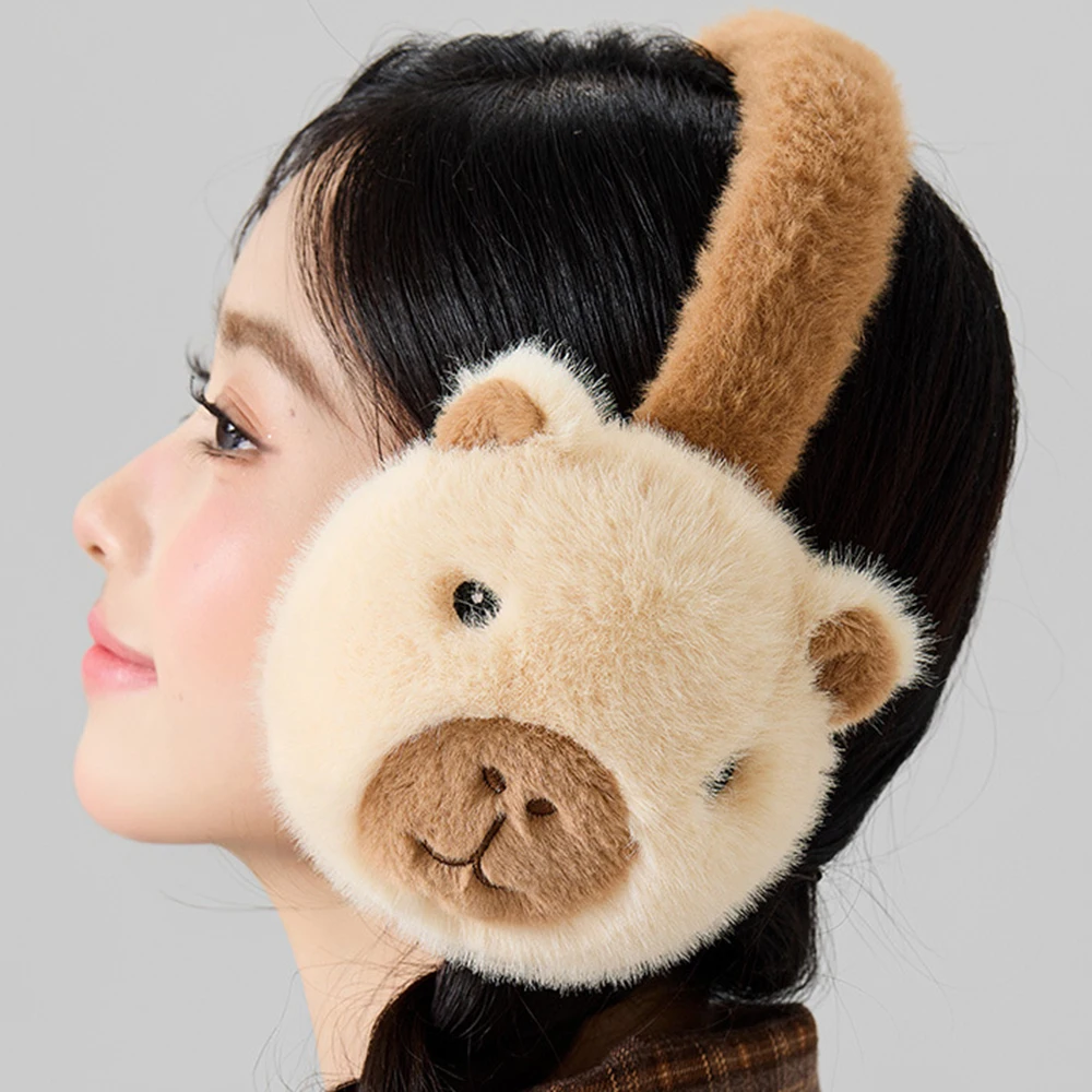 Cute Capybara Plush Fluffy Earmuffs for Women Ear Warmer Windproof Protection Winter Animals Ear Cover Adults Folding Earflap