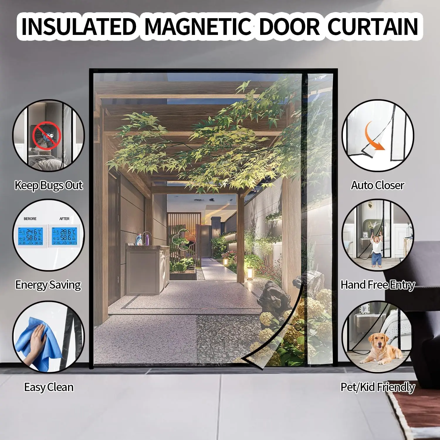 Transparent Reversible Left Or Right Side Opening Insulated Door Curtain, Magnetic Thermal Door Cover Self-Closing Screen Door