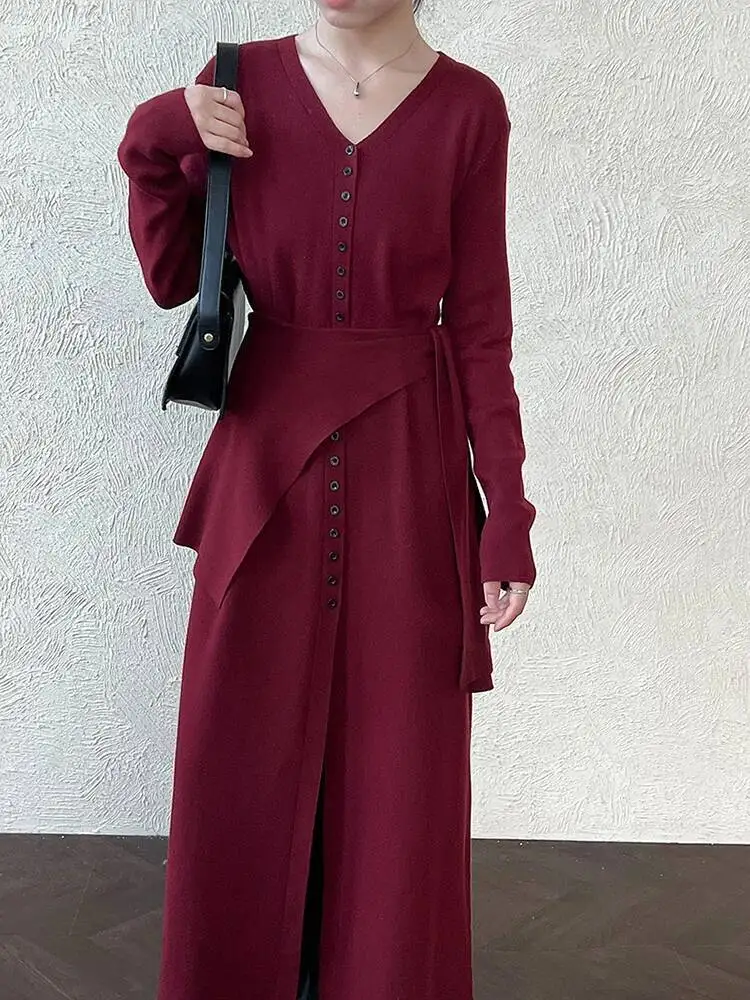 

Винно-красный бандаж большого размера, длинный вязаный кардиган, свитер с v-образным вырезом и длинным рукавом, женская новая мода, весна-осень