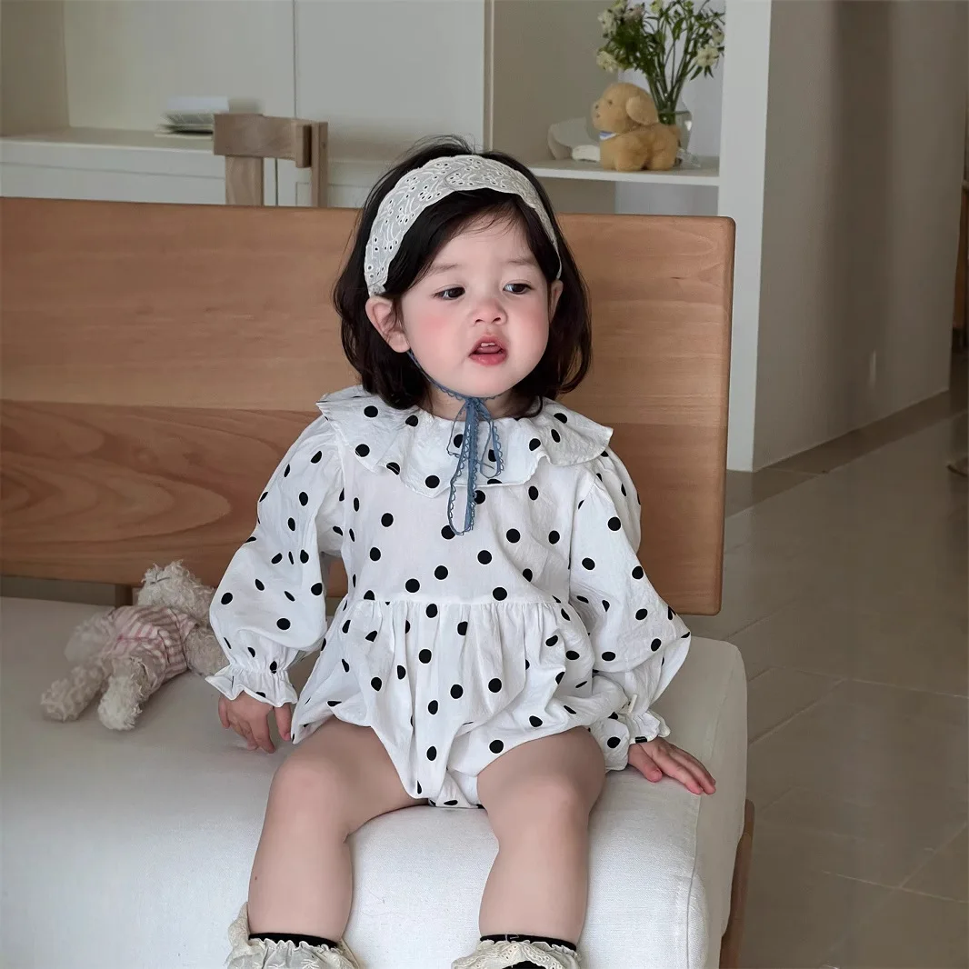 

2025 Spring New Baby Long Sleeve Bodysuit Cotton Infant Girl Ruffle Collar Polka Dot Jumpsuit Newborn Toddler Clothes 0-24M