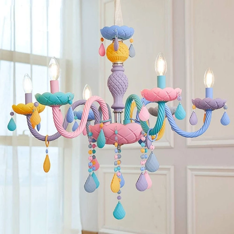 

Designer Modern Chandelier Glass Macaron Rainbow Girl Princess Children's Room Bedroom Velers Pendant Lamp Home Decor