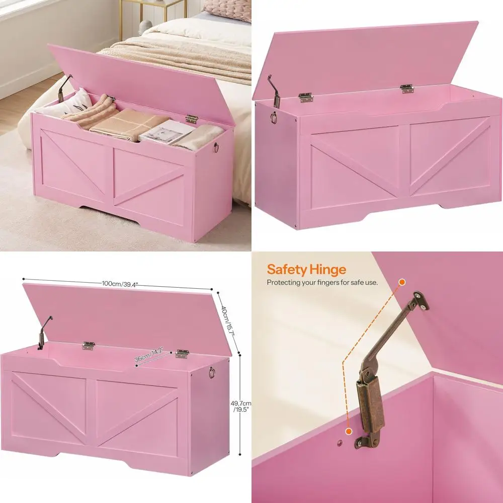 Banco de Almacenamiento de Madera Rosa Retro de 39.4 Pulgadas con Tirador en Forma de U, Soporta 220 Libras, Organizador de Juguetes de Fácil Montaje