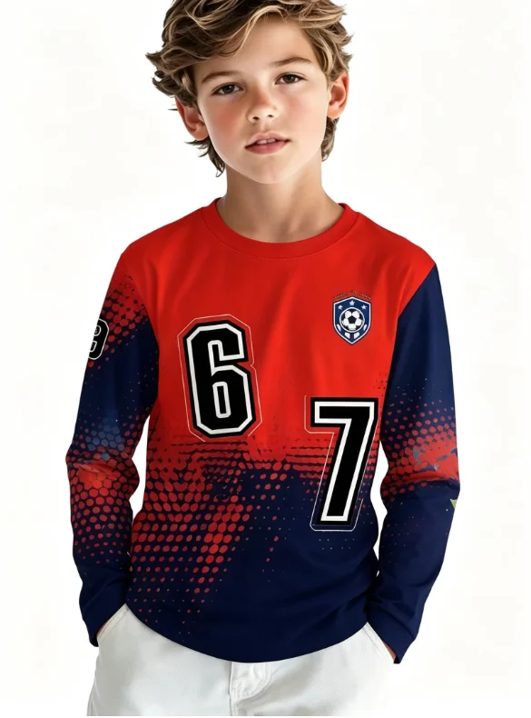 kids t‑shirt,crew neck long sleeve tee,sport number 6 7 soccer badge print,halftone dot gradient red navy casual top for boys