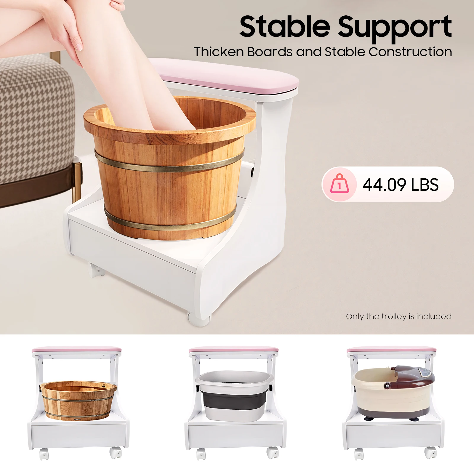 フットレストペディキュアトロリー（4輪、ブレーキ付き）、ポータブルフットバススツール（実用的な引き出し付き）、ペディキュアフットバススタンド