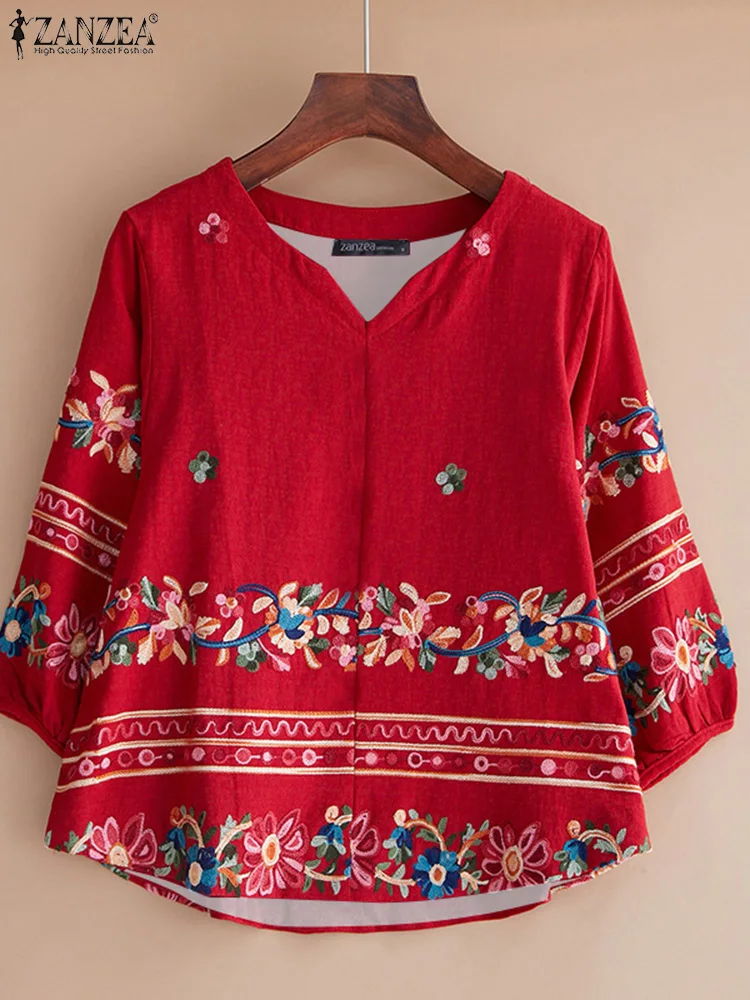 

ZANZEA Women Summer Printed Blouse Vintage Tops Casual Loose 3/4 Lantern Sleeve Blusas 2025 V-neck OL Work Pullovers