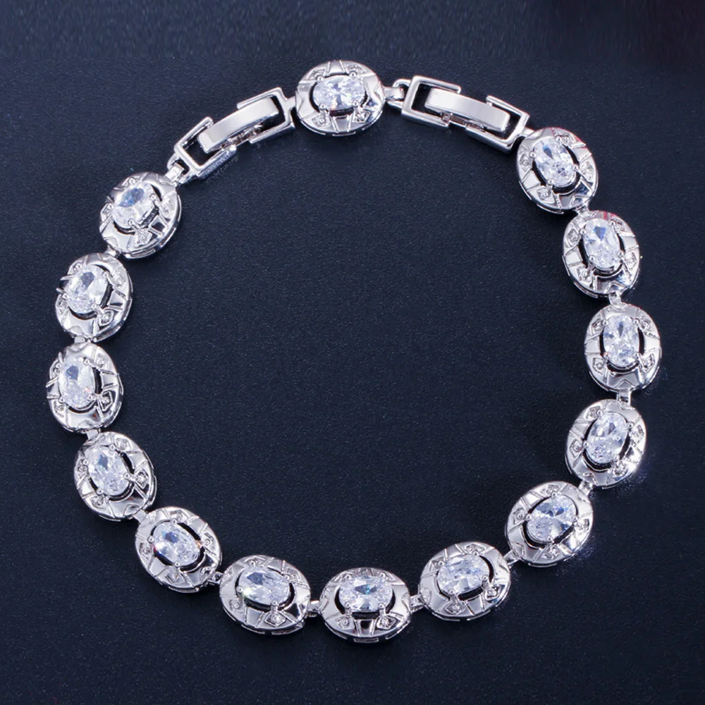 ThreeGraces Sparkling Cubic Zirconia White Gold Color Geometric Round Link Chain Bracelet for Ladies Party Costume Jewelry BR125