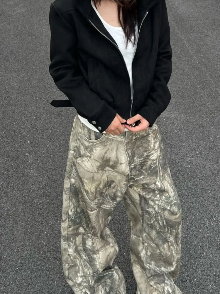 Vintage Letters Embroidered Camouflage Casual Jeans For Wome Y2k Hip-hop Streetwear Loose Fashion Kpop Harajuku Wide-leg Pants
