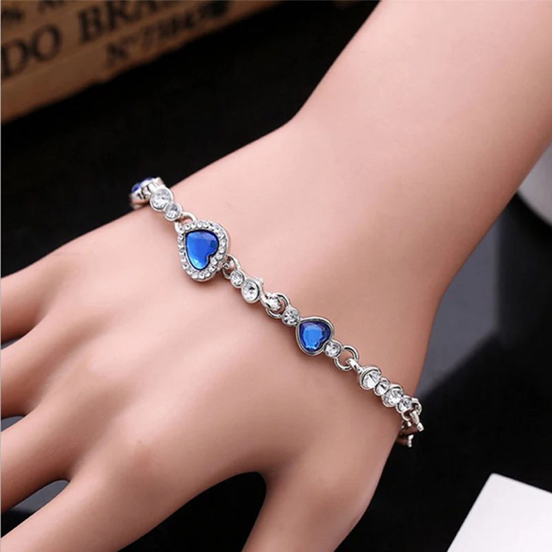 2023 New Female Luxury Lucky Bracelet For Women Blue Crystal Heart Charms Bracelet Bridal Wedding Engagement Fine Jewelry Gift