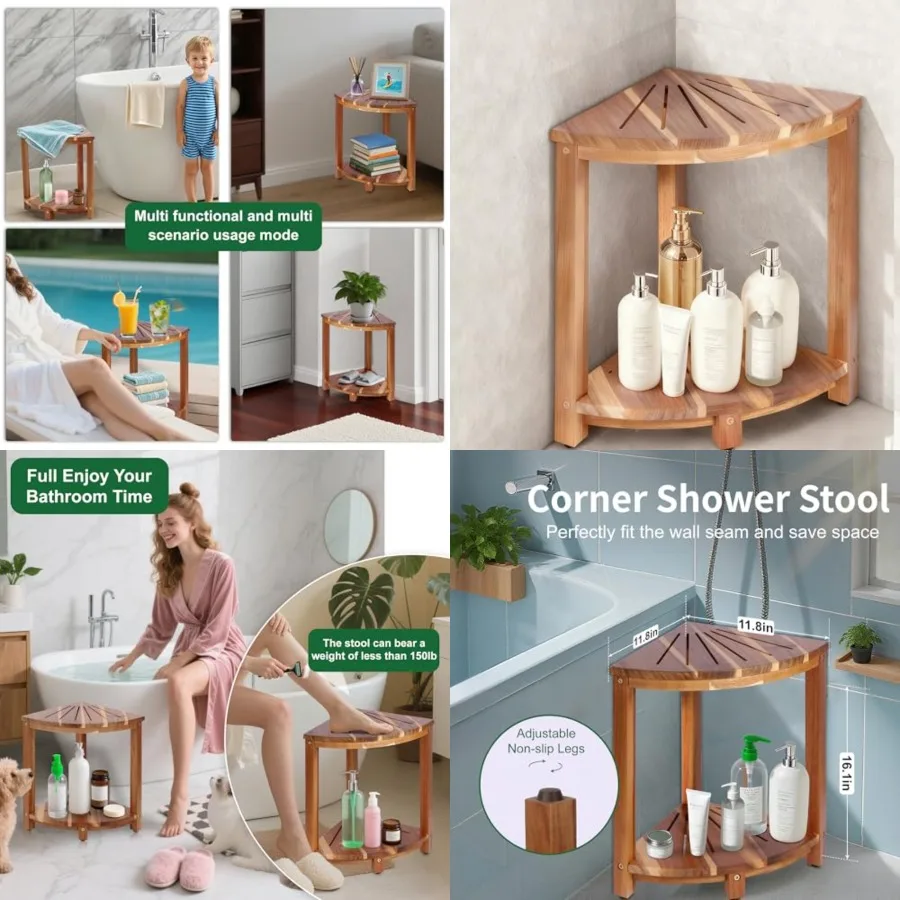 

Bathroom Corner Shower Stool with Storage Shelf, Shower Feet Stool, Non-Slip Adjustable Feet Drain Holes, for Shaving Legs, Spa